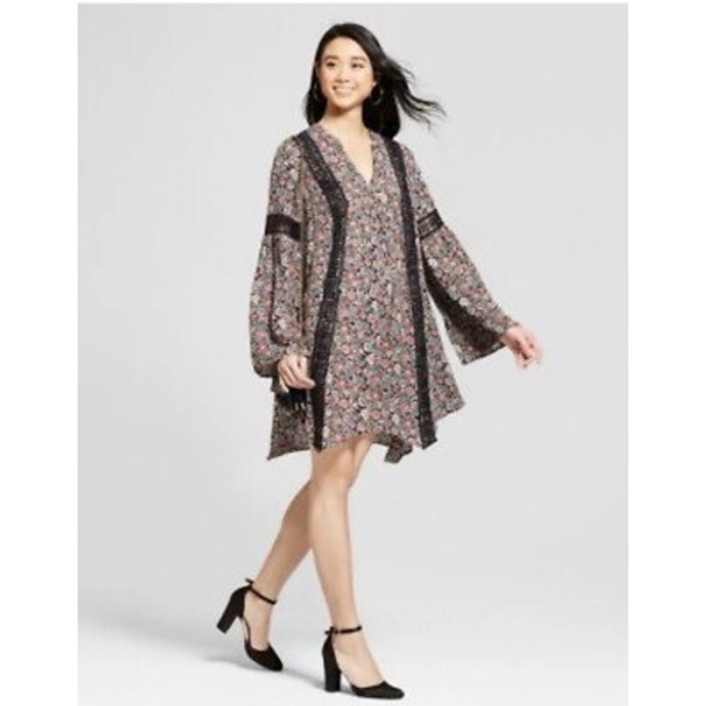 Knox Rose Dress Floral Black Boho Bell Sleeve Mini Women's Size S